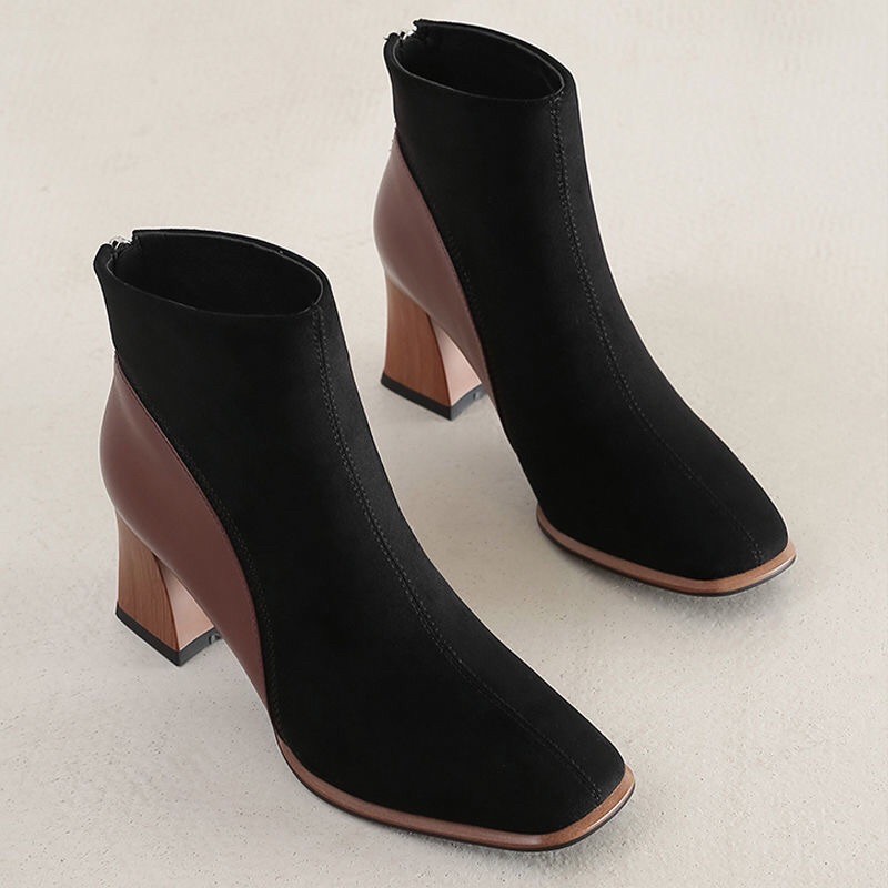 Bốt,Boots đế vuông da lộn kết hợp da bóng, cao 6cm