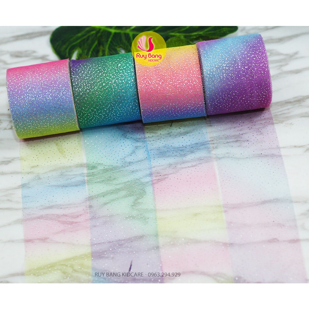 Ruy băng voan lưới phủ nhũ cầu vồng rộng 6cm