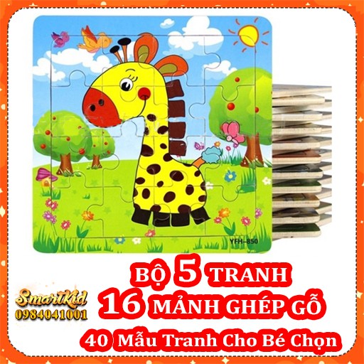 Bộ 5 Tranh 16 Mảnh Xếp Hình Khung Bảng Gỗ Cho Bé 1-5 Tuổi