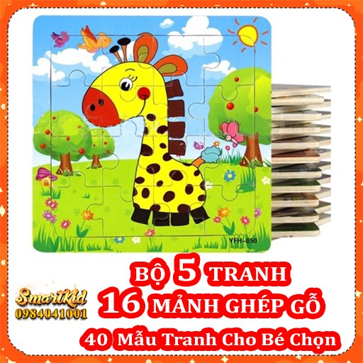 Tranh Xếp Hình_Bộ 5 Tranh 16 Mảnh Xếp Hình Bằng Gỗ Cho Bé 1-10 Tuổi