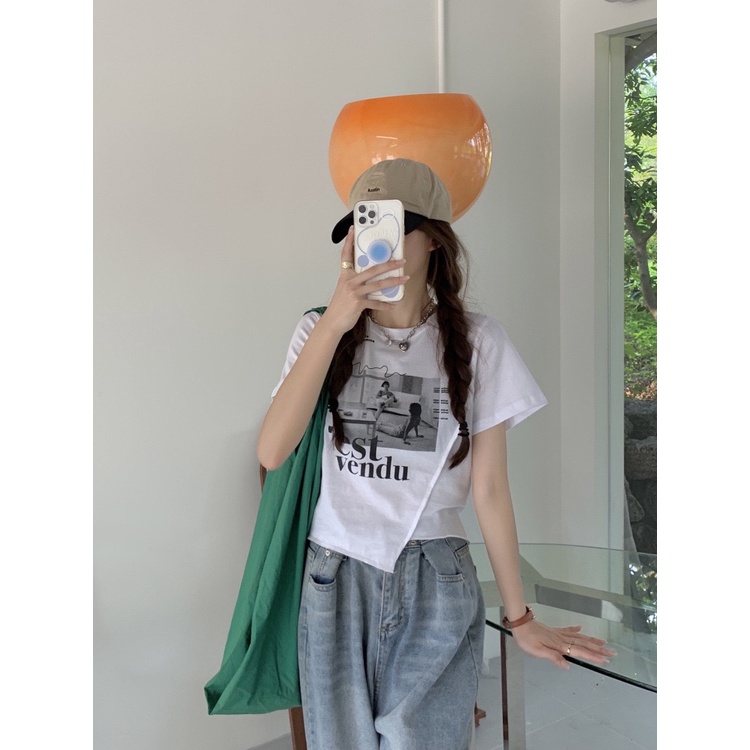 MS0030 Áo thun croptop vạt chéo in vest vendu