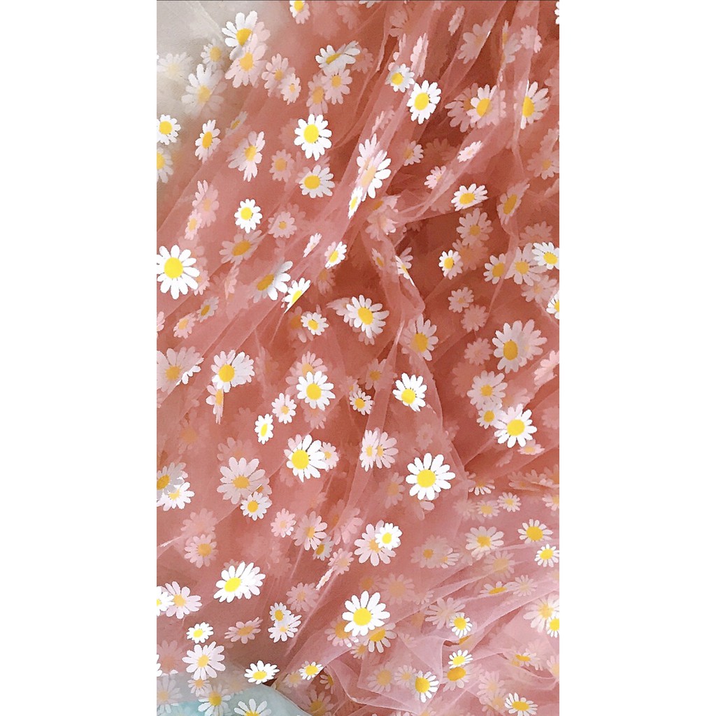 Vải lưới in hình hoa cúc làm phụ kiện dây buộc tóc scrunchies khổ 50x50cm- 1m6