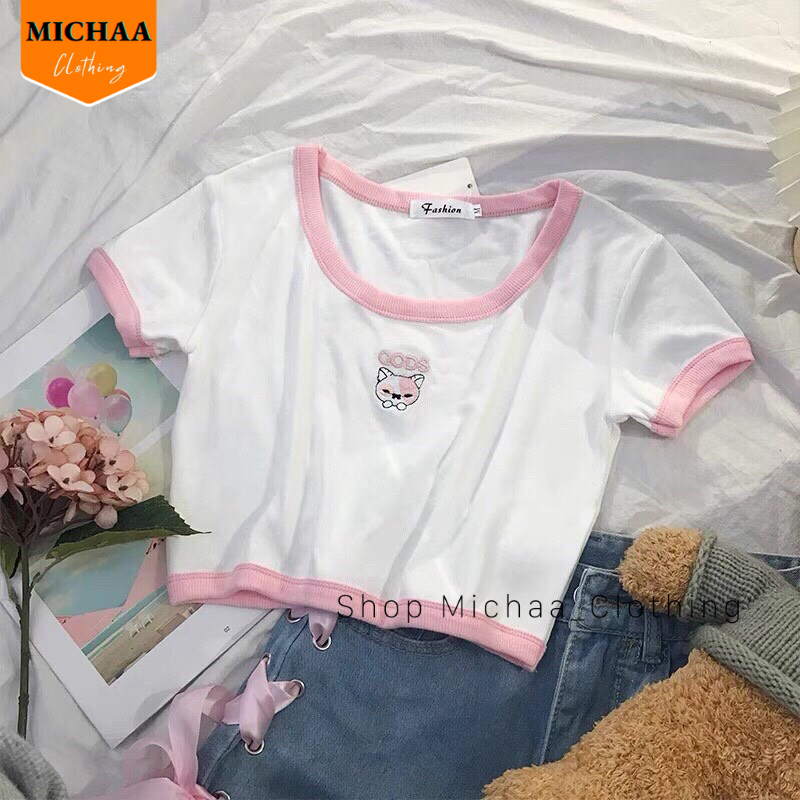 Áo Croptop Ôm Body Nữ GODS THÊU CÚN Cổ U Tay Ngắn, Áo Thun Croptop Kiểu In Họa Tiết - MICHAA CR94