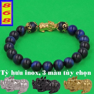 Vòng tay màu đá mắt hổ Xanh Dương 8 ly 4 khía Charm Tỳ Hưu inox - Hợp mệnh Thủy, mệnh Mộc - Phong thủy 86