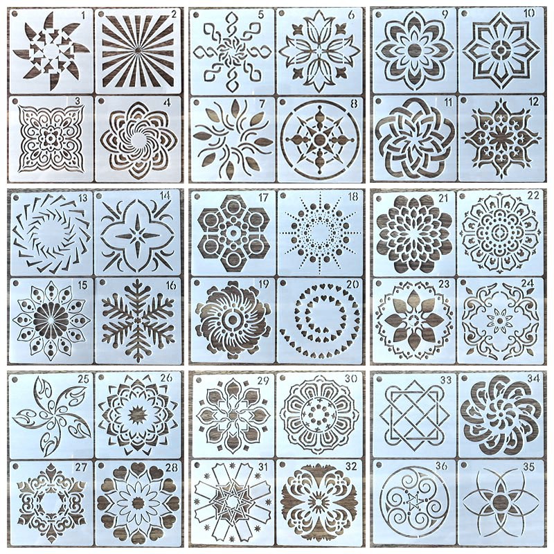 Set 36 khuôn vẽ họa tiết cách điệu Mandala dùng để hỗ trợ trang trí nội thất