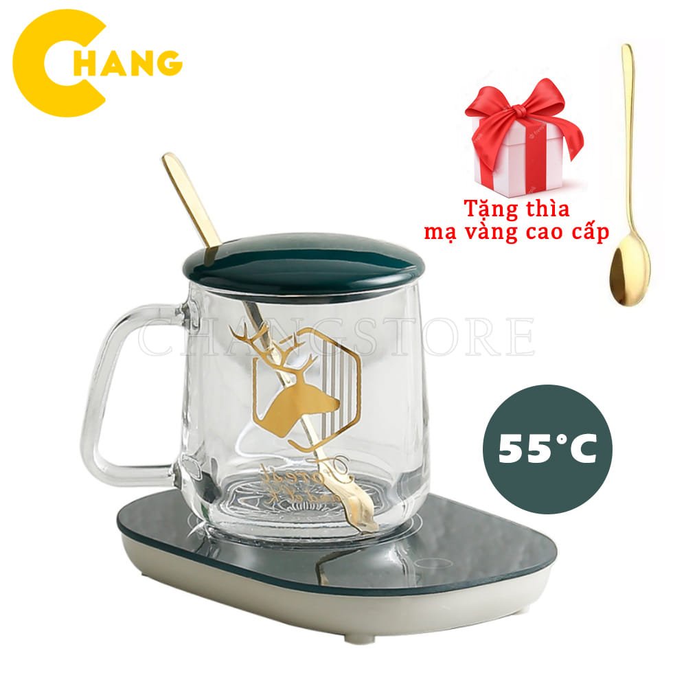 Cốc Hâm Nóng Thủy Tinh Cao Cấp, Ly Thủy Tinh Kèm Đế Điện Hâm Nóng + Tặng Thìa Mạ Vàng Tiện Lợi