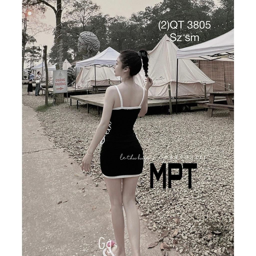 Đầm body nữ dáng ngắn kiểu 2 dây phối dây đan rút 2 bên eo in chữ D chất thun gân xinh hot