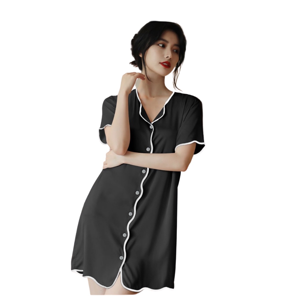 Đầm ngủ lụa satin ⚡️ kèm quần ⚡️ váy mặc nhà tay lở dáng suông sơ mi vải mát ít nhăn dưới 58kg nhiều màu viền trắng