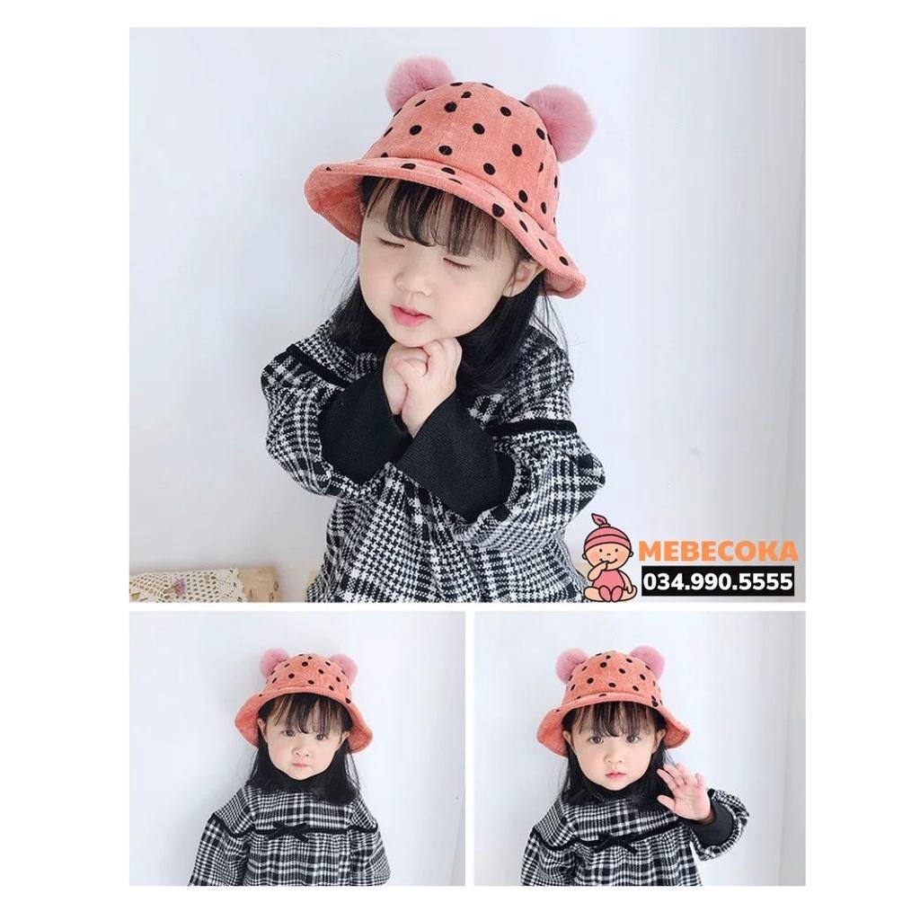 Mũ cho bé, mũ bucket chỏm lông thú, vành nón tai bèo tròn cho bé Trai bé Gái chất liệu CAO CẤP
