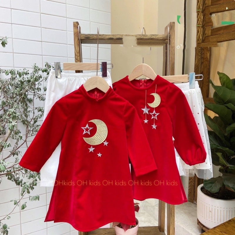 Áo Dài Tết Nhung Đỏ Cao Cấp Cho Bé Mặc Tết, Áo Dài Cách Tân Cho Bé Trai Bé Gái