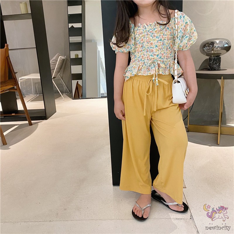 Set áo kiểu in hoa + quần dài ống rộng dành cho bé gái