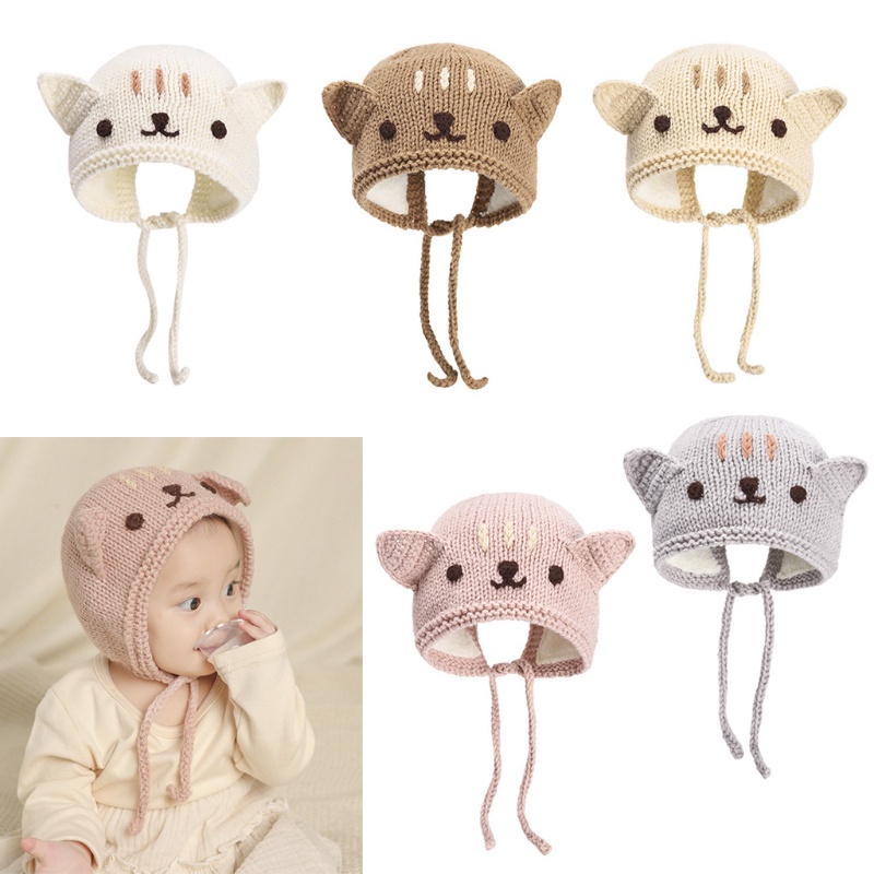Mũ Beanie Dệt Kim Phối Lông Giữ Ấm Tai Hình Mèo Dễ Thương Cho Bé