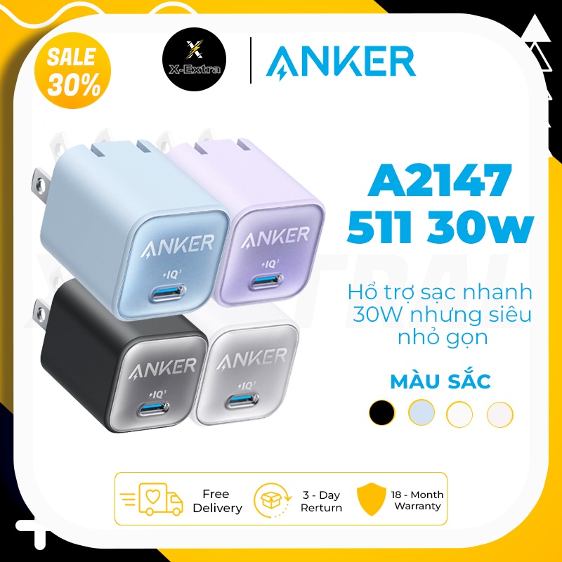 Củ sạc Anker A2147 511 30W Nano 3 USB C GaN Pro củ sạc  sạc nhanh PPS có thể gập lại PIQ 3.0