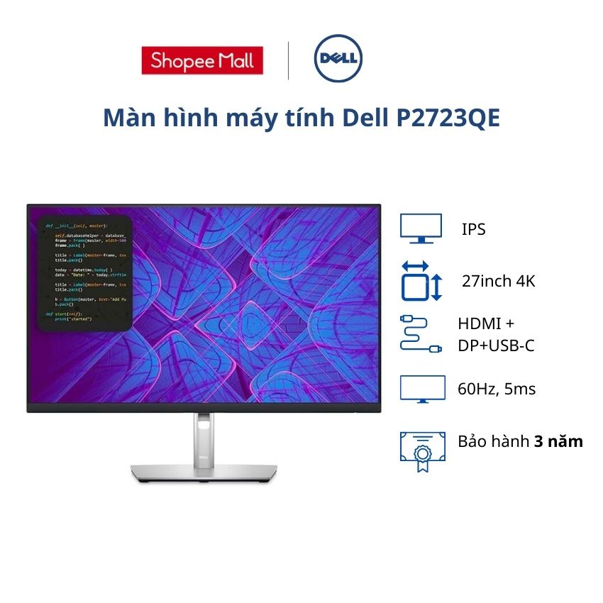 Màn hình Dell P2723QE/ 27inch 4K/ 60Hz/ IPS/ HDMI + DP+USB-C/ 3Yrs