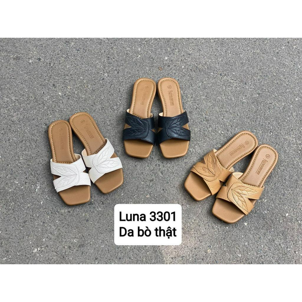 Dép nữ quai chéo họa tiết chiếc lá đế bệt LUNASHOES 3301 da bò mềm hở mũi chống nước êm chân đi hàng ngày