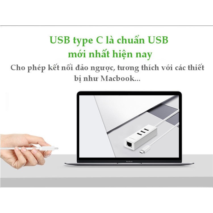 Cáp chuyển đổi USB Type C sang Lan RJ45 và 3 cổng USB 2.0 Ugreen 020792 - Hàng Chính Hãng BH 18 Tháng