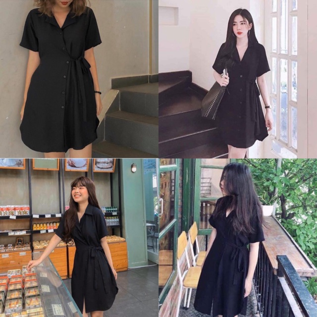 Đầm Đen form suông rộng có dây thắt cột điều chỉnh eo thon gọn thiết kế cổ chữ V | BigBuy360 - bigbuy360.vn