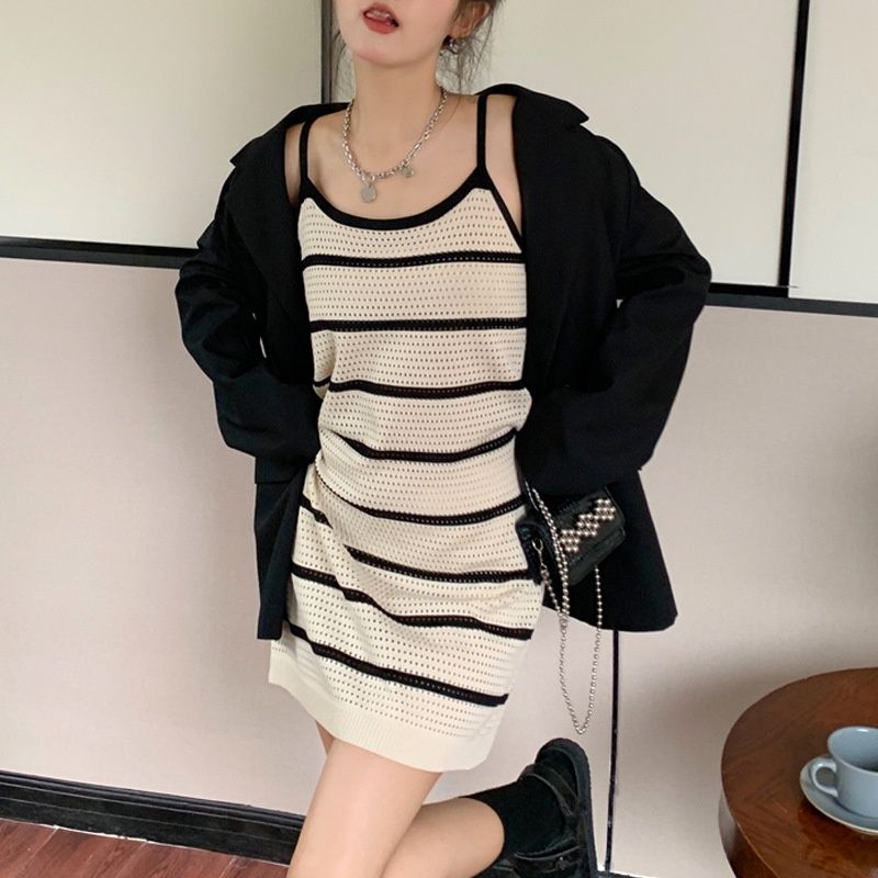 Đầm dệt kim NZN dáng rộng kẻ sọc phong cách Pháp xinh xắn cho nữ