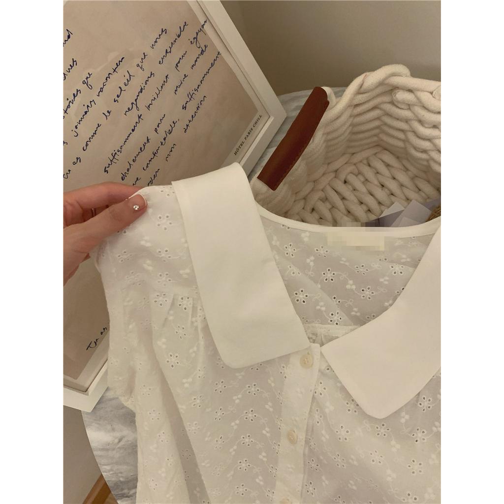 Áo Sơ Mi Trắng Tay Ngắn Cổ Peter Pan Thêu Họa Tiết Phong Cách Hàn Quốc 52112