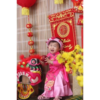 Bán lỗ Set áo dài bé gái, chất phi lụa mềm mịn, hình in 3d lẻ Size