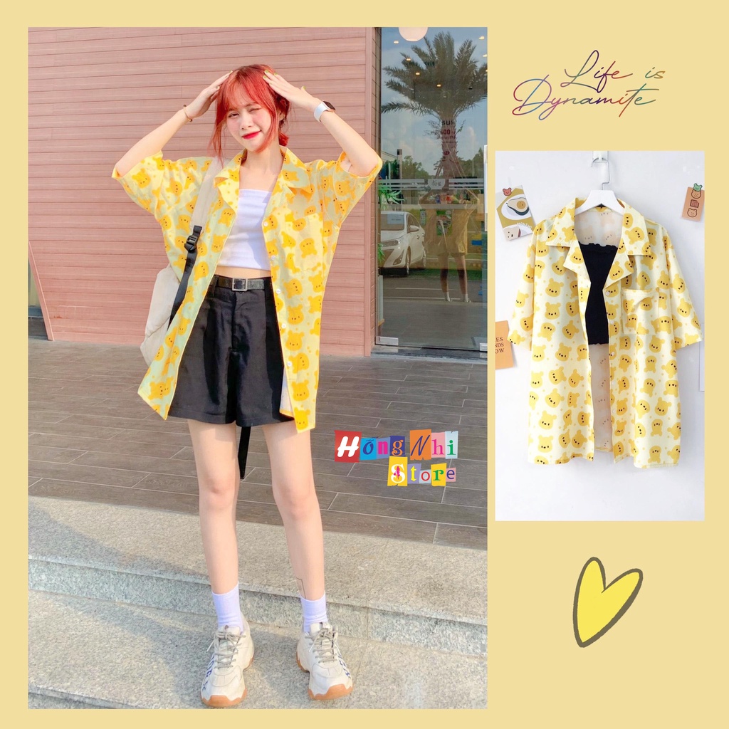 Áo Sơ Mi Họa Tiết Gấu Vàng Tay Lỡ Dáng Rộng Ulzzang Unisex, Sơ Mi Đi Biển - MM