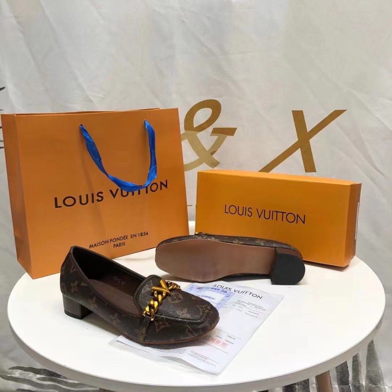 Giày cao gót 5cm da mềm Giày moca lười lv nữ mũi vuông tag khoá V (fullbox Bill túi )