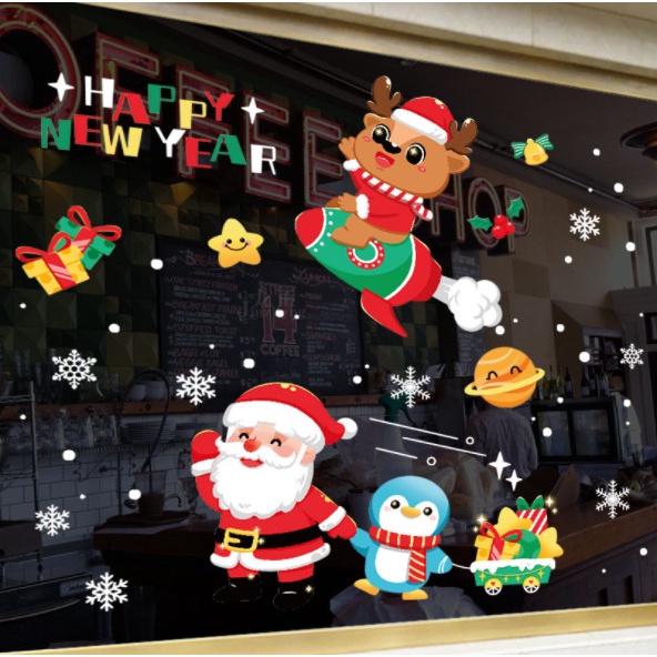 Decal dán tường Noel Hít Tĩnh Điện không Dơ Kính - Noel cùng cánh cụt kéo quà xinh xắn