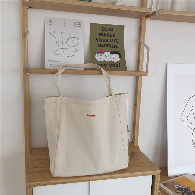 (Freeship từ 50k)Modi MD50- Túi tote vintage size lớn thêu chữ "BONJOUR"