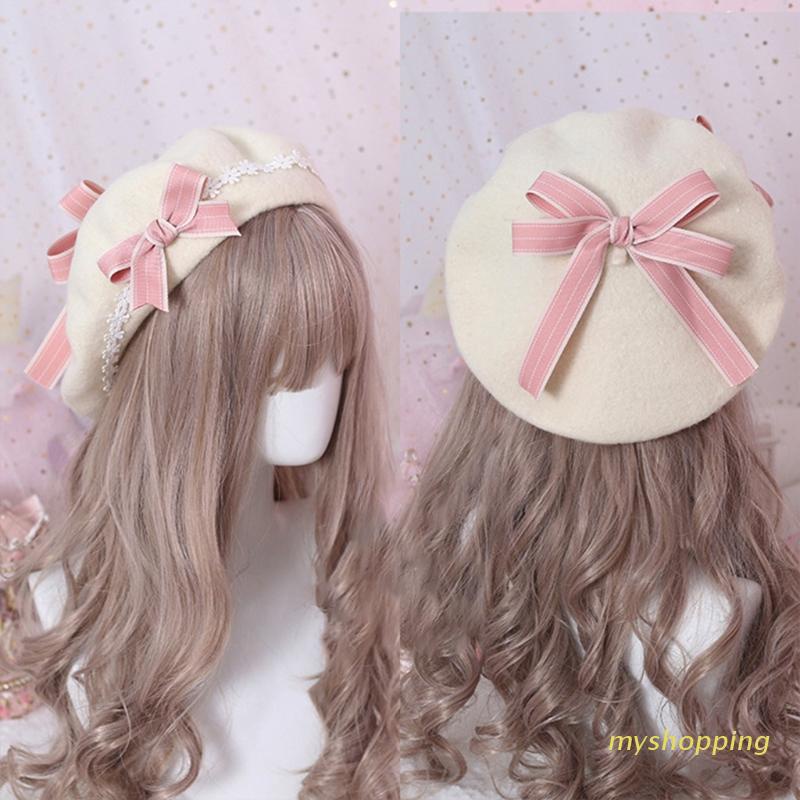 Mũ Beret Đính Nơ Họa Tiết Hoa Cúc Dễ Thương Phong Cách Lolita