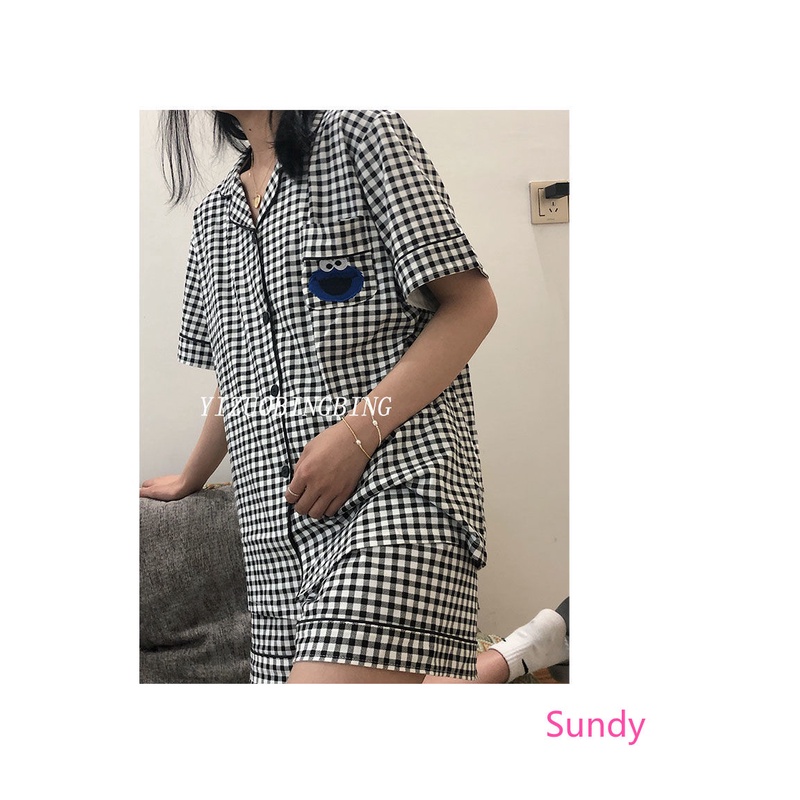 Bộ đồ ngủ tay ngắn dáng rộng họa tiết hoạt hình sesame street thời trang mùa hè cho nữ (có bán lẻ)