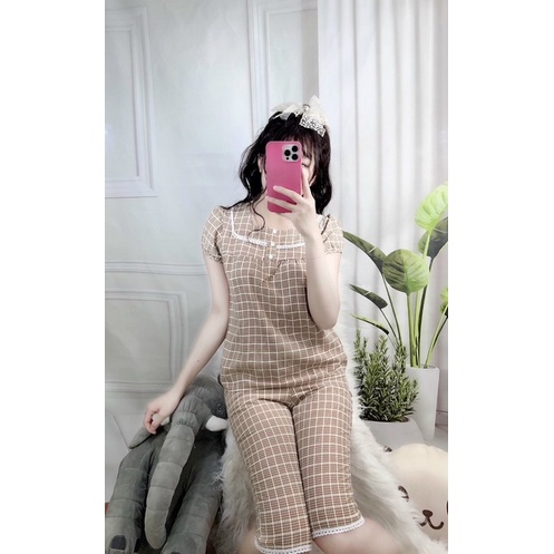 Đồ bộ nữ mặc nhà mùa hè quần lửng vải đũi Hàn siêu mềm mát màu kẻ ô thời trang