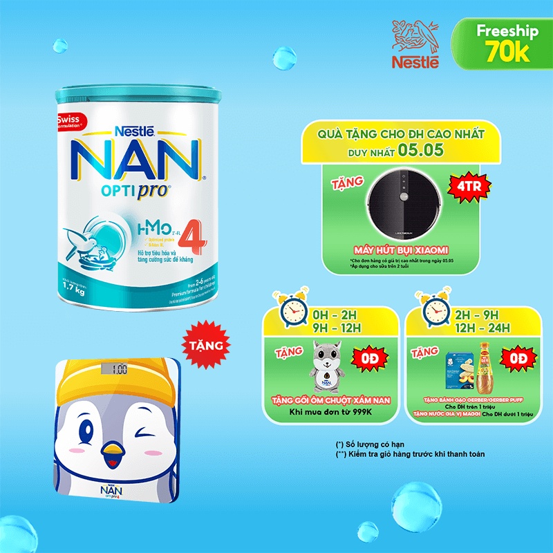 [Mã FMCG80 giảm 10% đơn từ 400K] [Tặng 1 cân điện tử cho bé] Sữa bột Nan Optipro 4 1.7kg/lon