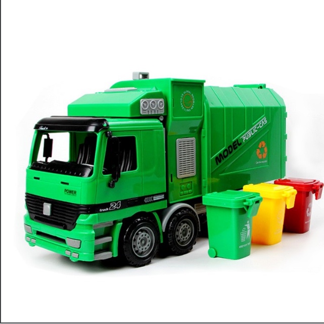 Mô hình xe chở rác Mô hình xe rác chạy bánh đà cỡ lớn kèm 3 thùng rác - TẶNG KÈM QUÀ TẶNG