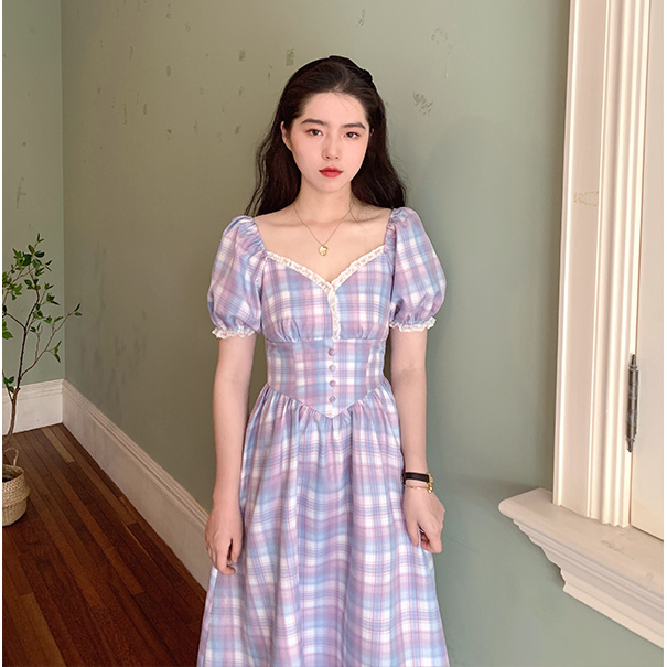 Purple Plaid Lace Temperament Dress French Retro High Waist Show Plaid Dress Mid-length Elegant Dress | BigBuy360 - bigbuy360.vn