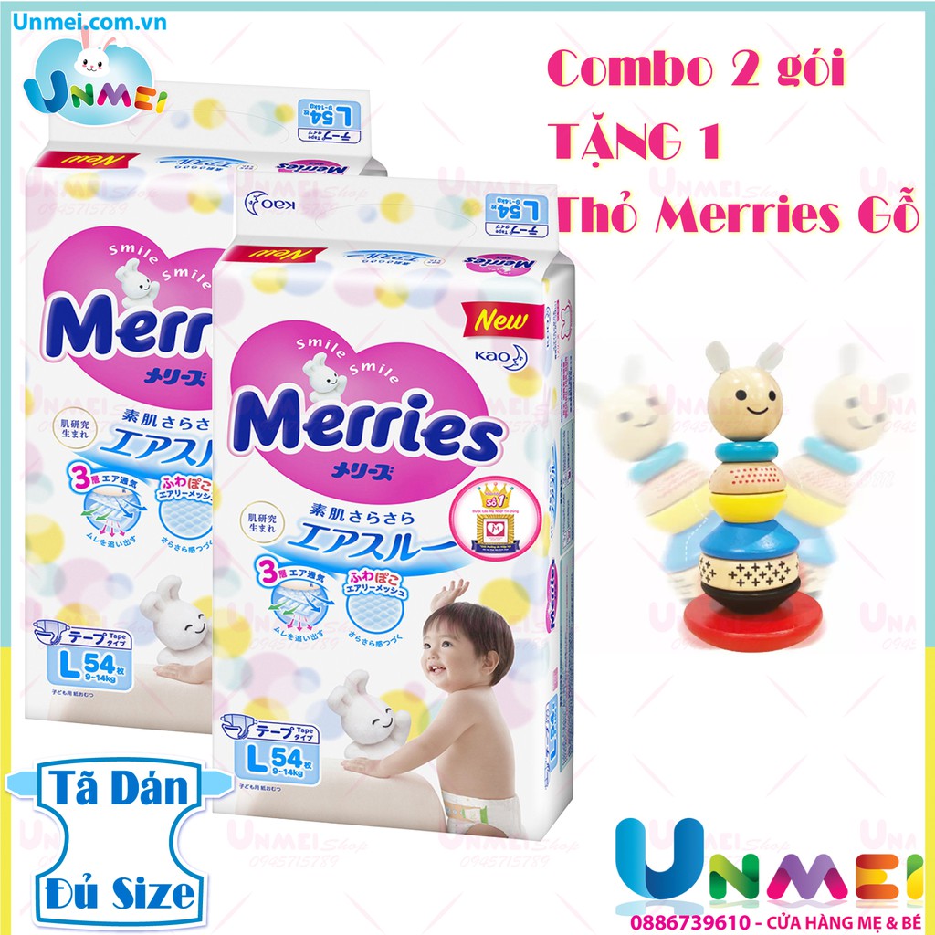 [Tặng Lật Đật Gỗ] Combo 2 Tã/bỉm dán Merries size L - 54 miếng (Cho bé dưới 9-14 kg)