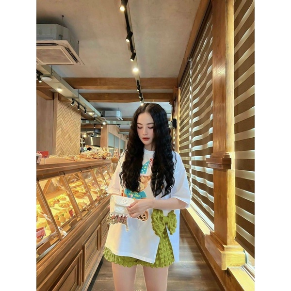(SHOP BIGSIZE nữ 50kg đến 90kg ) set áo thun đính nơ xẻ tà
