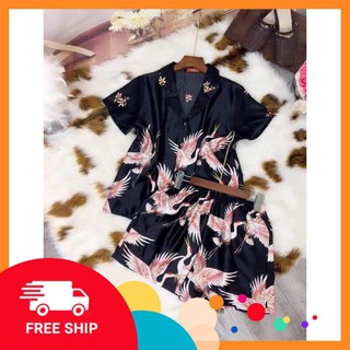 Đồ bộ satin lụa con hạc sang chảnh, cao cấp