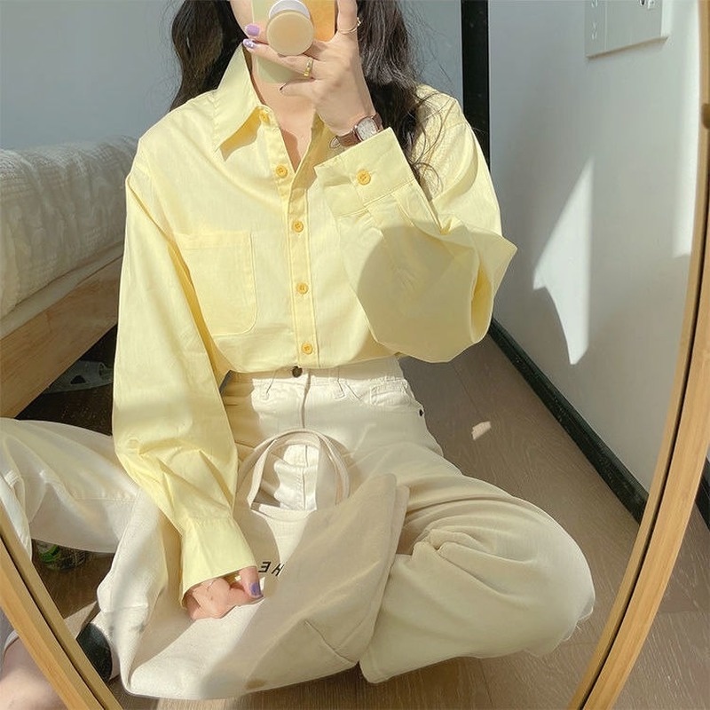 Áo Sơ Mi Nữ Tay Dài Màu Vàng Sữa Thời Trang Xuân Hè Hàng Mới Cao Cấp