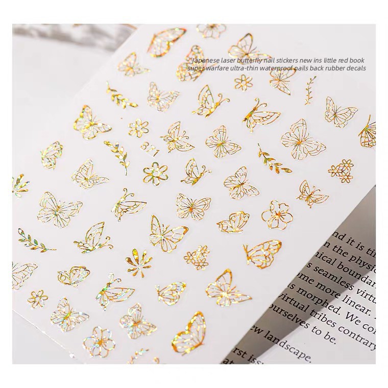 SUAKE nhãn dán Holographic laser bướm kim loại vàng/bạc trang trí móng nghệ thuật