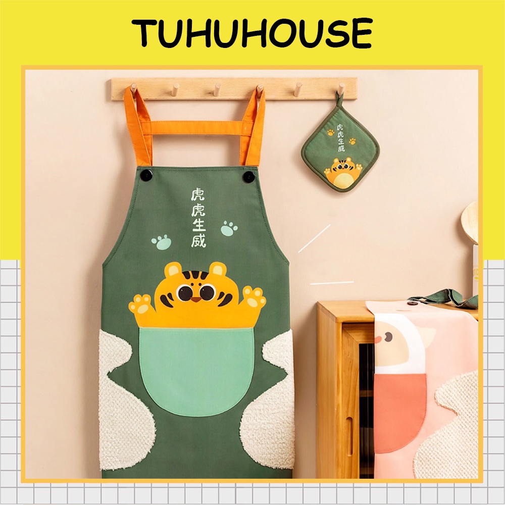 Tạp dề nấu ăn vải canvas, tạp dề chống nước có túi, khăn lau tay - Tuhu's House