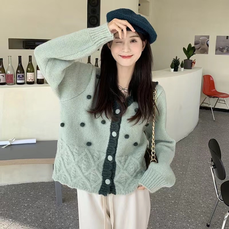 Áo Khoác Cardigan Dệt Kim Tay Dài Cổ Chữ V Phối Ren Màu Sắc Tương Phản Phong Cách Hàn Quốc