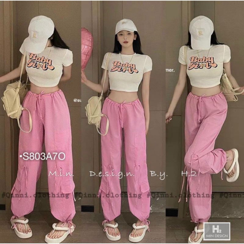 Set Thể Thao Nữ Croptop Baby Quần Bom Thụng Cột Nơ Cotton Màu Hồng Dễ Thương