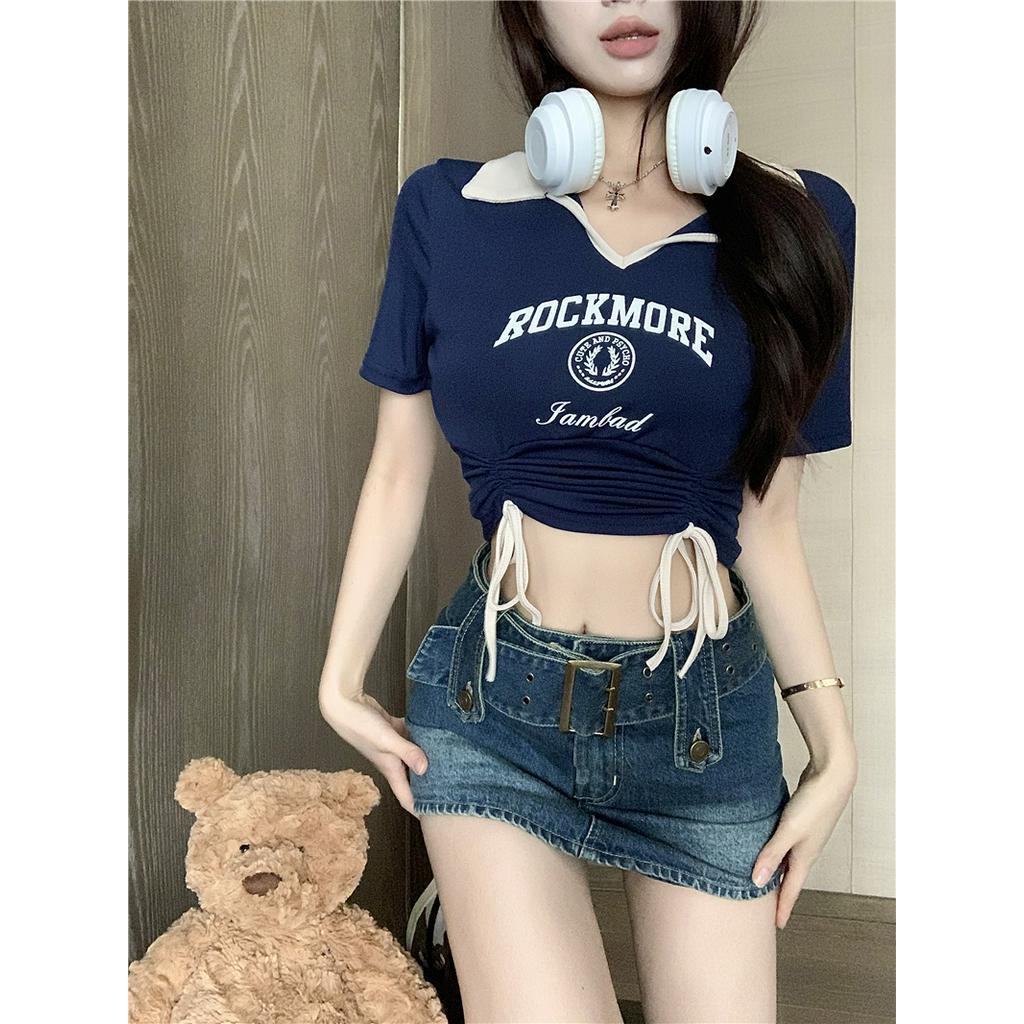 Áo Thun Ngắn Mỏng Cổ polo Rút Dây Màu Sắc Nổi Bật Thời Trang Cho Nữ