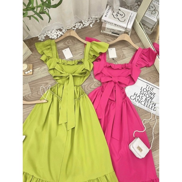 Đầm maxi cánh tiên khoét eo hở lưng thắt nơ lưng 4 màu đi biển