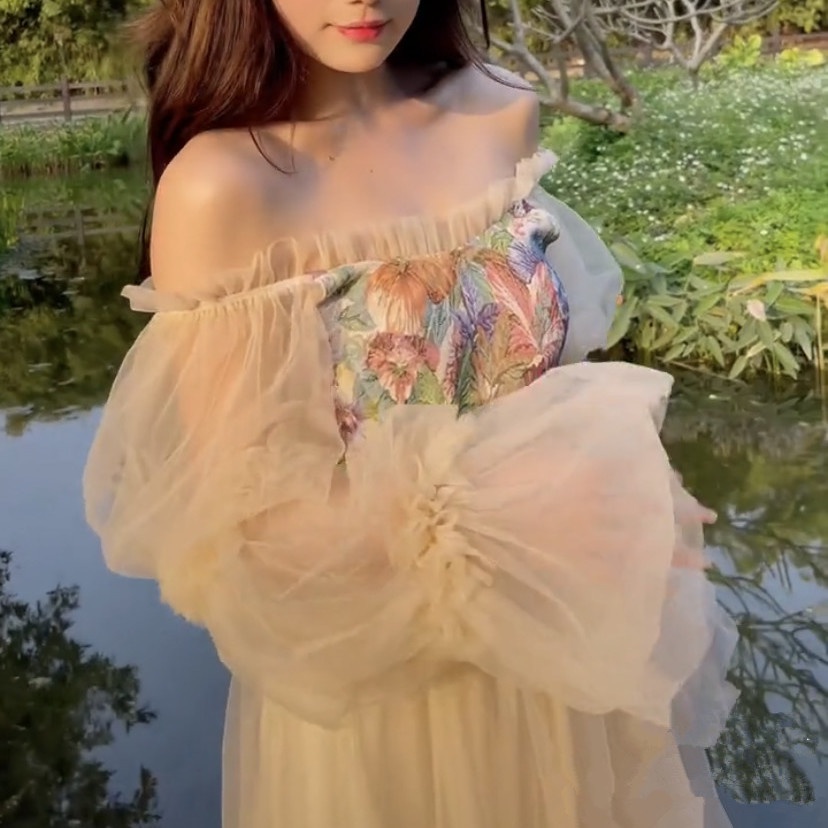 Đầm Công Chúa 22 Món Trễ Vai Phối Lưới Họa Tiết Tranh Sơn Dầu Phong Cách Pháp Cho Nữ