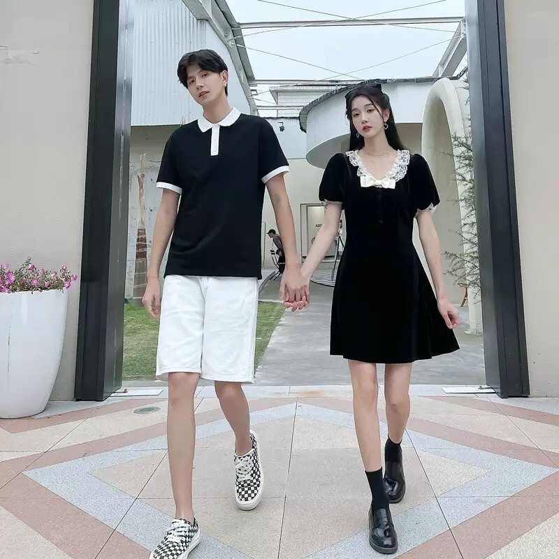 Set áo váy đôi nam nữ chất liệu thun cotton da cá, màu đen viền cổ trắng