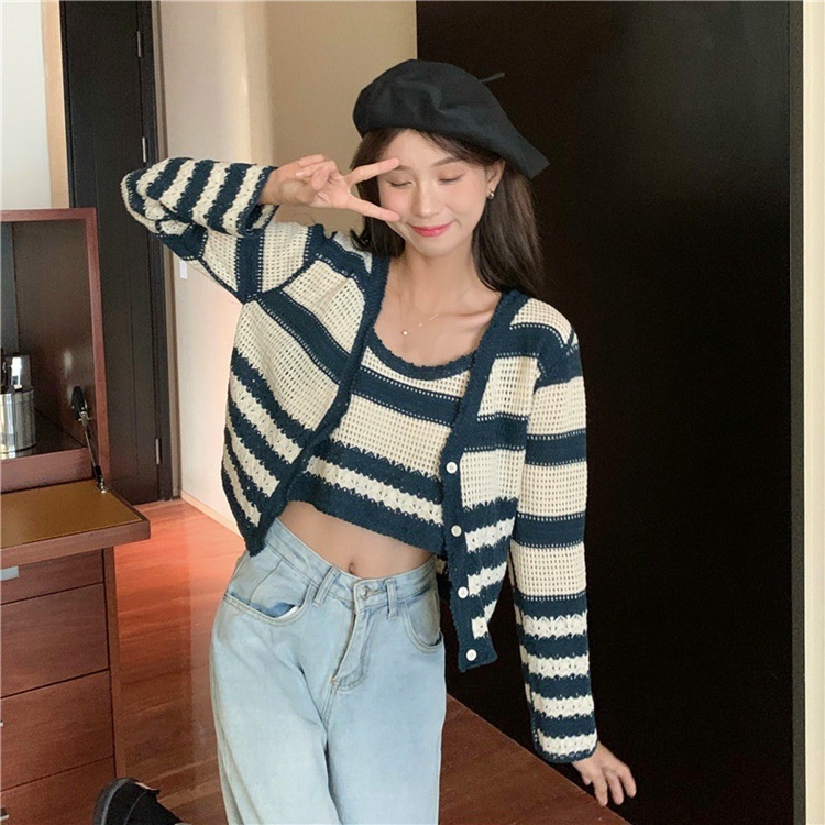 Set Áo Khoác cardigan Họa Tiết Kẻ Sọc Màu Tương Phản Và Áo Cộc Tay Thời Trang Hàn Quốc