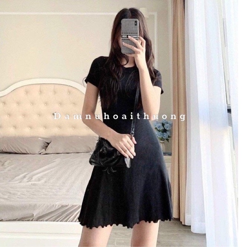 Đầm dáng xoè cổ tròn viền xoăn, váy nữ 2 màu đen, nâu - Lyly dress