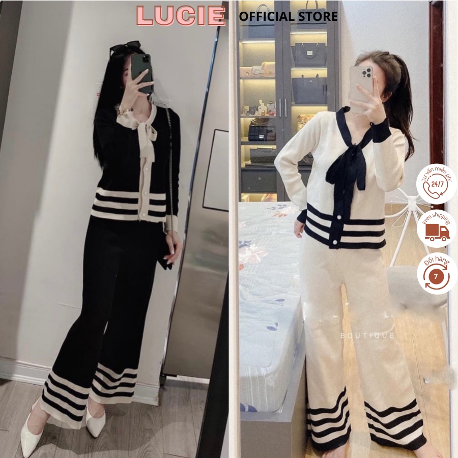 Set Áo Nơ Cổ Sen Quần Suông Viền Len Tăm dày dặn, hàng Quảng Châu, phong cách nhẹ nhàng