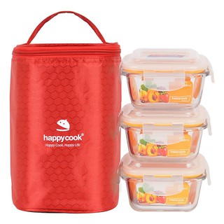 Bộ Hộp Cơm Thủy Tinh Happy Cook Vuông Kèm Túi Giữ Nhiệt 3 PCS 320ml/520ml